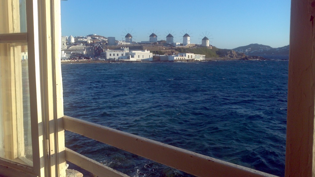 View from Little Venice of the windmills, Mykonos, Greece