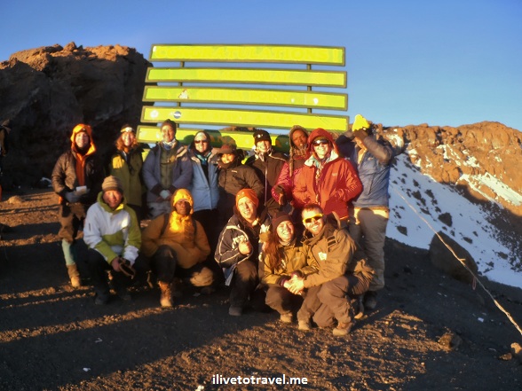 Some of the trekkers and guides at Stella Point on Kilimanjaro